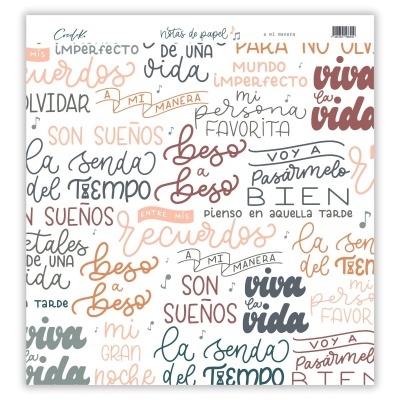 Papel de embrulho com frases em castelhano em múltiplas cores e estilos manuscritos.