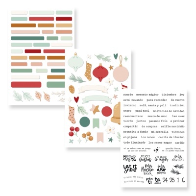 Autocolantes de Natal com padrões coloridos e palavras em espanhol