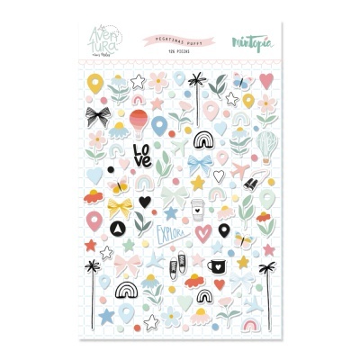 Folha de autocolantes decorativos coloridos variados com texto PEGATINAS Puffy 128 PEGINAS.