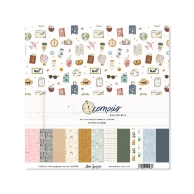 Bloco de papéis estampados com desenhos de viagem e vários padrões coloridos