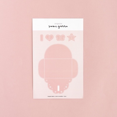 Conjunto de pegatinas rosa com várias formas e embalagem com texto sama garra