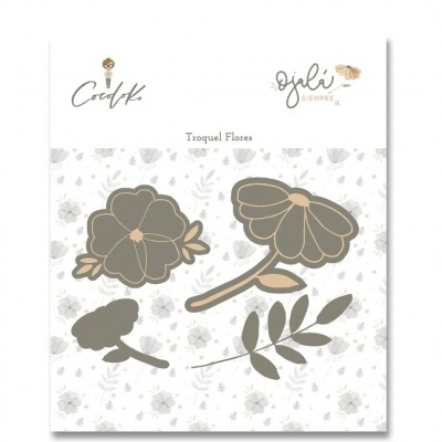 Conjunto de troquel metálico com formas de flores e folhas para recorte.