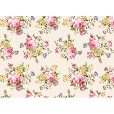 Tecido floral bege com flores rosa, amarelas e azuis