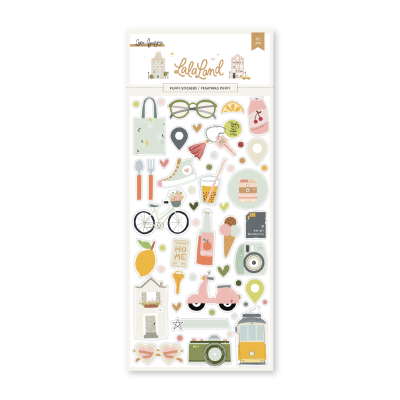 Autocolantes decorativos variados com temas urbanos e festivos.