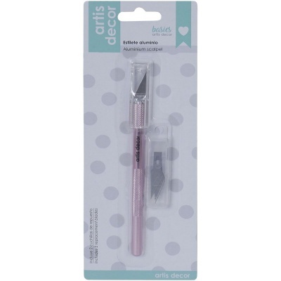 Estilete de alumínio rosa metálico com lâminas adicionais em embalagem de cartão
