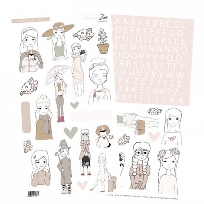 Folha com ilustrações de mulheres, flores, corações e letras em tons pastel