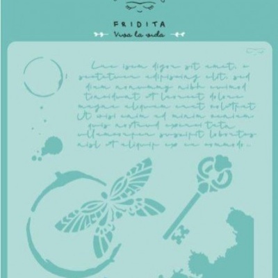 Stencil azul com desenhos e texto Fridita Viva la vida
