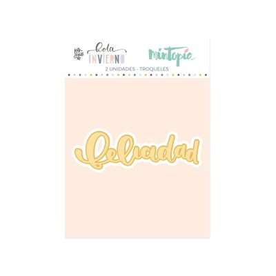 Produto artesanal com palavra 'felicidad' em amarelo e branco numa embalagem rosa claro