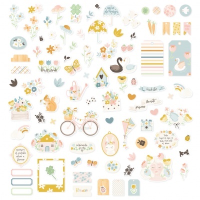 Autocolantes decorativos com motivos botânicos e animais em cores suaves.