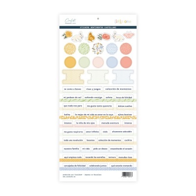 Folha de autocolantes decorativos com padrões florais e texto em castelhano.