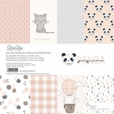 Vários papéis para scrapbook com desenhos de estrelas, gato, panda, balão e padrões variados em tons suaves.