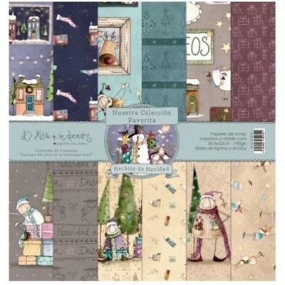 Conjunto de papéis de scrapbook natalícios com várias ilustrações e padrões coloridos.