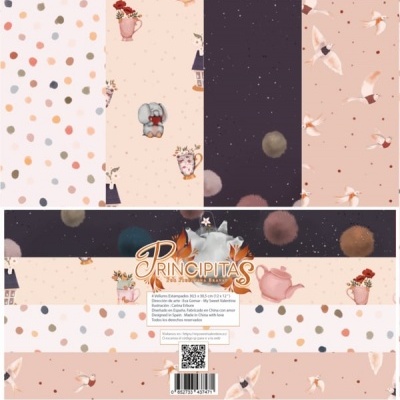 Papel de embrulho com padrões de bolinhas, animais, flores e céu estrelado em tons pastel