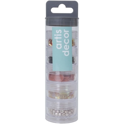 Conjunto empilhado de recipientes transparentes com materiais decorativos e etiqueta ARTIS DECOR