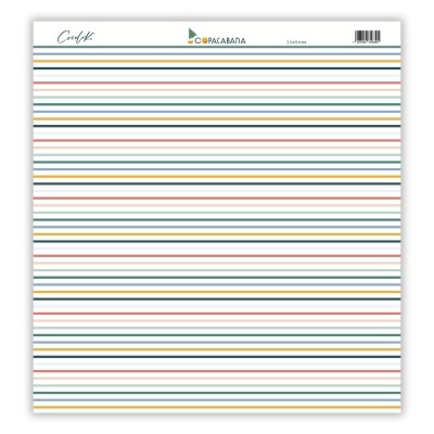 Papel decorativo com riscas horizontais coloridas e texto no cabeçalho