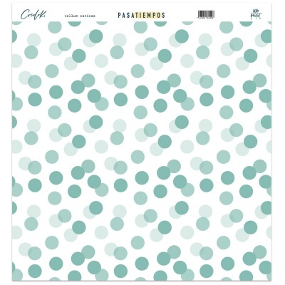 Folha decorativa com padrão de pontos verdes e texto no topo