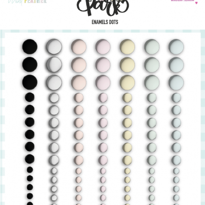 Conjunto de pontos esmaltados coloridos em colunas com nomes e logos no fundo branco quadriculado