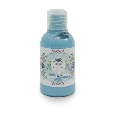 Frasco de plástico azul com tampa transparente e rótulo floral com texto