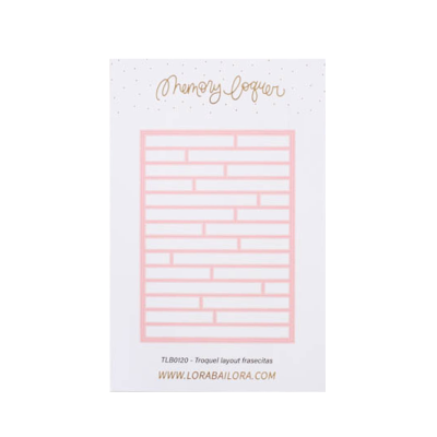 Molde de corte em forma de padrão de tijolos rosa com texto dourado no fundo branco.