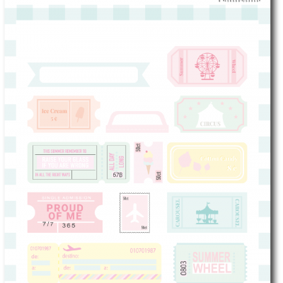 Folha de etiquetas adesivas coloridas com temas de bilhetes e doces