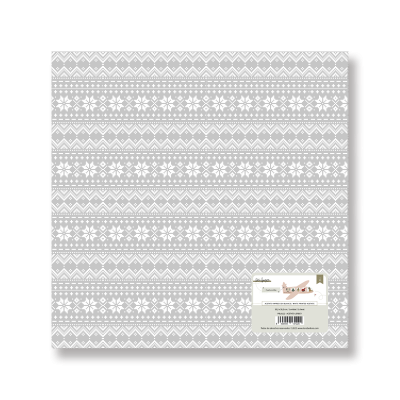 Embalagem retangular cinza com padrão branco e etiqueta adesiva com código de barras