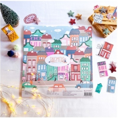 Folha decorativa com ilustração de casas coloridas e enfeites ao redor