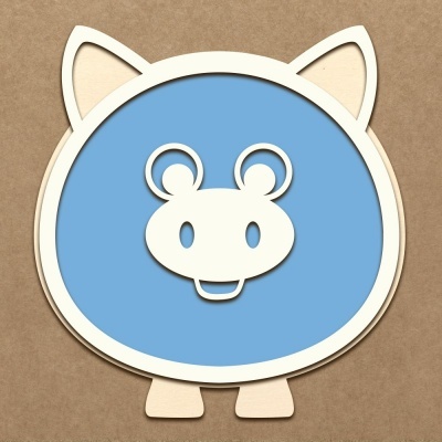 Design gráfico de animal azul com contorno branco e orelhas sobre fundo castanho