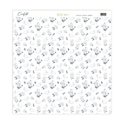 Papel de embrulho branco com padrão de coelhinhos e texto no topo