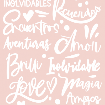 Palavras em espanhol em caligrafia branca sobre fundo rosa claro