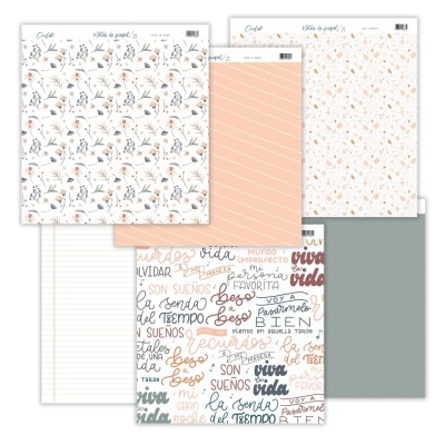 Cinco cadernos com capas decorativas e texto 