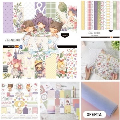 Papéis decorativos para scrapbook com flores, quadriculados, poás e figuras infantis em cores pastel, junto a etiquetas e um rolo de tecido azul claro com oferta.