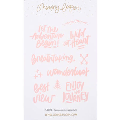 Conjunto de autocolantes com frases motivacionais em tom cor-de-rosa e símbolos de aventura