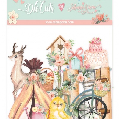 Conjunto de recortes de papel com ilustrações de veado, tenda, regador, pintainho, bicicleta, bolo e caixas decoradas.