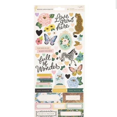 Folha de autocolantes decorativos coloridos com flores, borboletas, zebra e frases em inglês