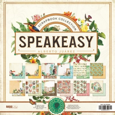 Coleção de scrapbook The Speakeasy Alberto Juárez com várias folhas decorativas e padrão floral