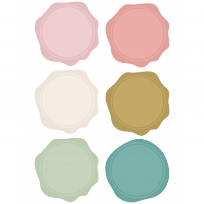 Seis formas coloridas com bordas irregulares tipo selo de cera