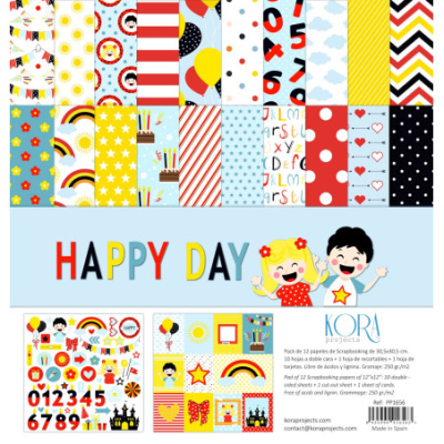 Pack de papel para scrapbooking com padrões coloridos e texto HAPPY DAY