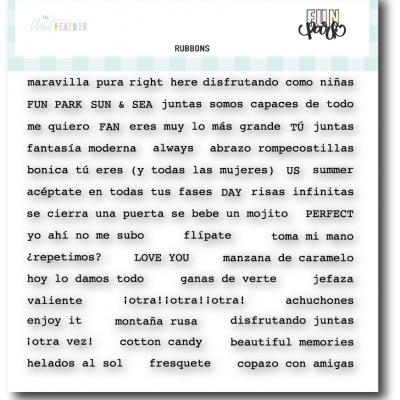 Folha com palavras adesivas em inglês e espanhol para decoração, com logos no topo e fundo quadriculado azul claro e branco.