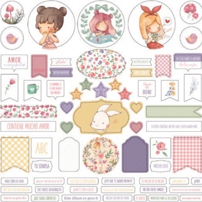 Adesivos decorativos kawaii com raparigas, coelho, corações, estrelas, flores e frases em espanhol
