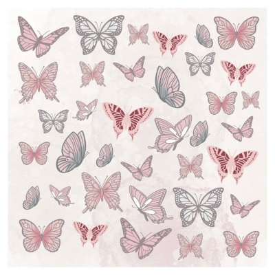 Borboletas estilizadas em tons rosa, vermelho e cinza sobre fundo claro