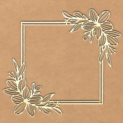 Moldura quadrada bege com flores e folhas recortadas sobre fundo castanho