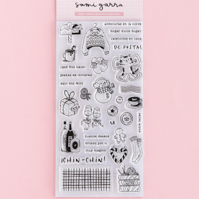 Conjunto de carimbos transparentes temáticos de inverno com vários desenhos e textos em português