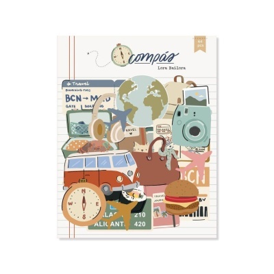 Ilustração com objetos de viagem como globo, bússola, câmara e mala