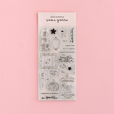 Conjunto de selos acrílicos com vários desenhos e textos em português sobre fundo rosa