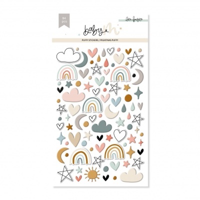 Folha de autocolantes 3D com desenhos de nuvens, estrelas e arcos-íris em tons pastel