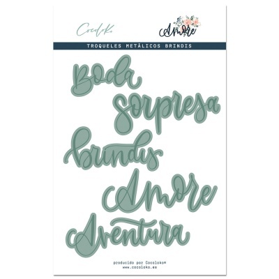 Troqueles metálicos com palavras em letras cursivas para scrapbooking sobre fundo branco