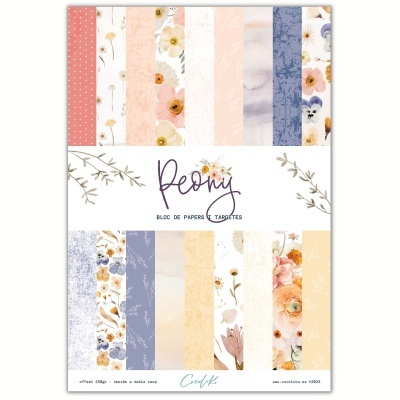 Bloco de papéis decorativos com estampas florais e texto Peony