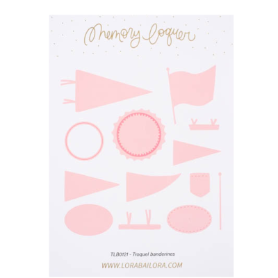 Cartão com troquéis de bandeirinhas cor de rosa de vários formatos e texto dourado