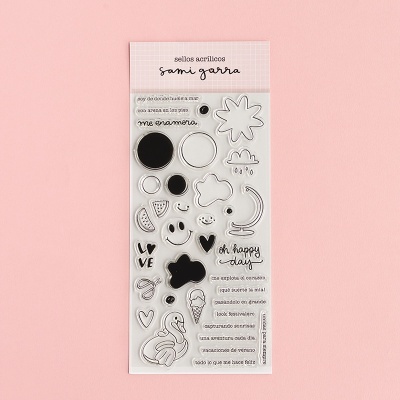 Selos acrílicos Sami Garra com desenhos e frases em fundo rosa