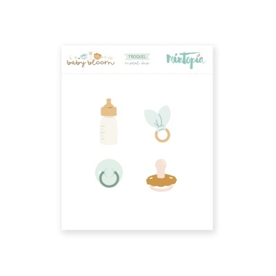 Ícones de bebé em cartão branco com texto Baby bloom, TROQUEL model duo e Mintopia